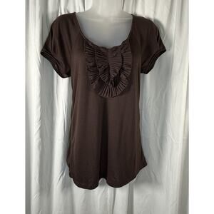 Ann Taylor Loft Vintage Ruffle Bib Scoop Neckline T-Shirt Brown S 88-10